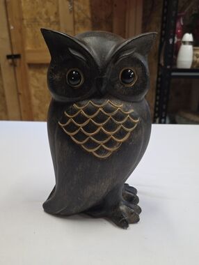 Decorative Black Owl Figurine with Gold Accents-Resin, Wood-look